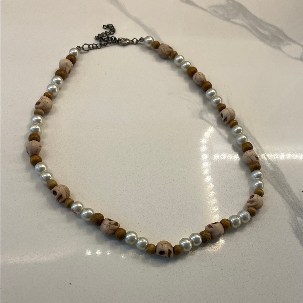 Pearl and Wood Skull Bead Necklace